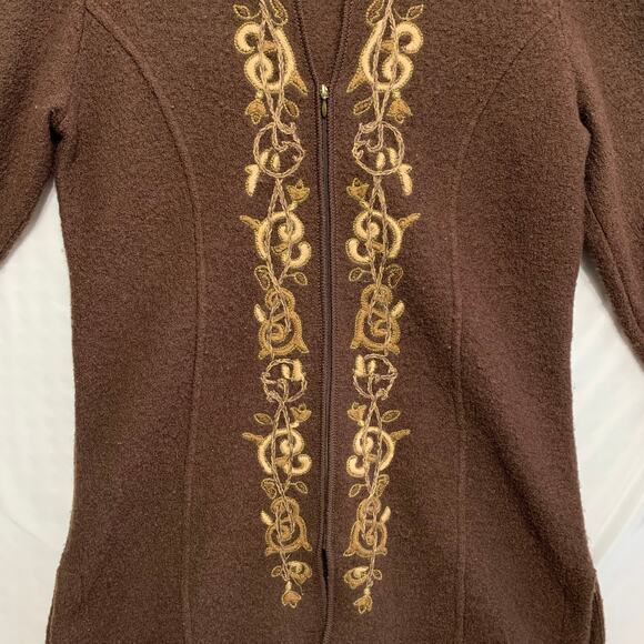 Coldwater Creek Wool Embroidered Brown Long Full Zip Coat Women's Sz M Brown - Picture 3 of 7